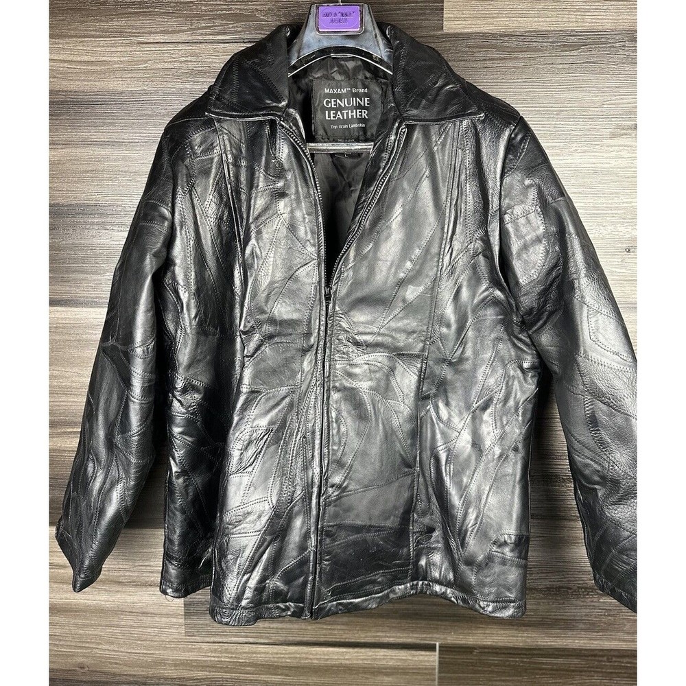 Vintage Maxam Brand Leather Jacket Mens L‎ Black Italian Mosaic Grain Lambskin